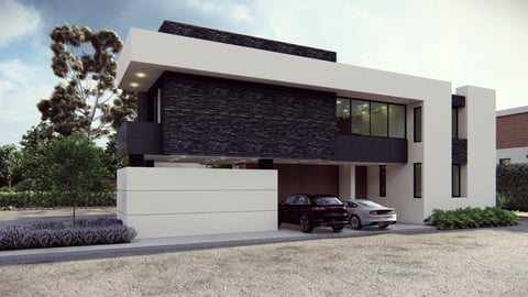Modern two-story house with white and black exterior, garage, parked car, and landscaping