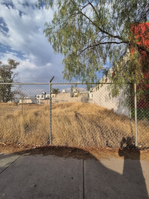 Chain-link fence enclosing dry field with buildings and bridge in background under cloudy sky